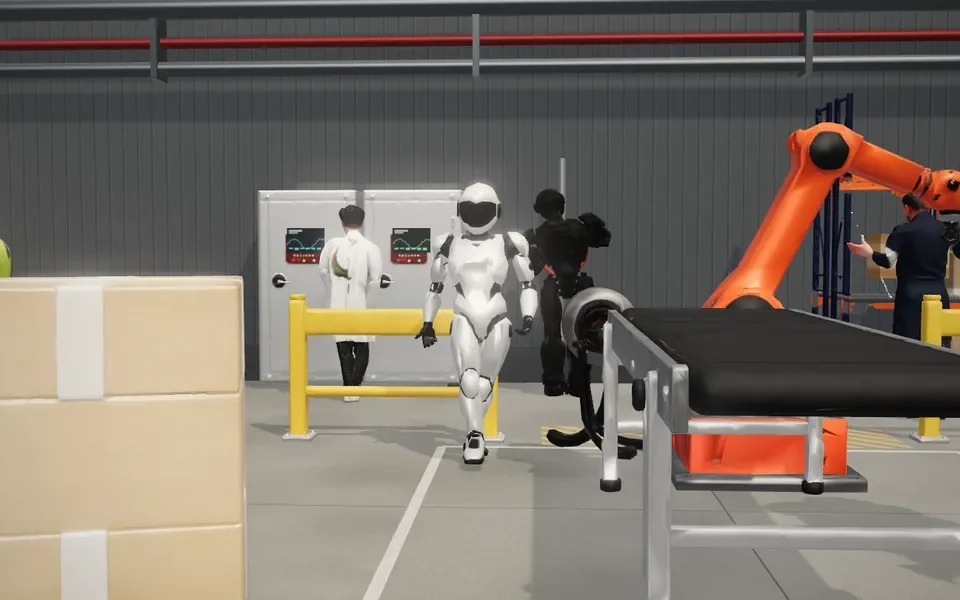 Generated humanoid robots and workers in a factory cell