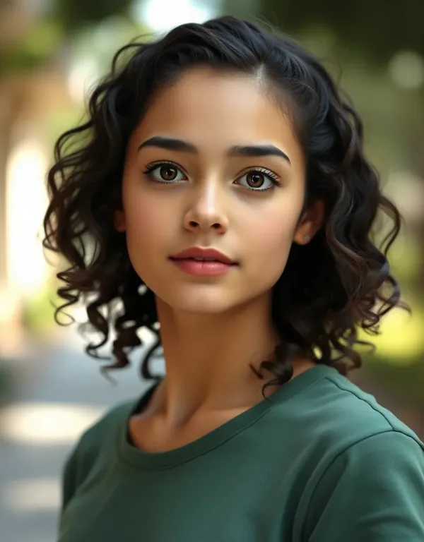 Head-and-shoulders portrait of an AI-generated woman in a green T-shirt