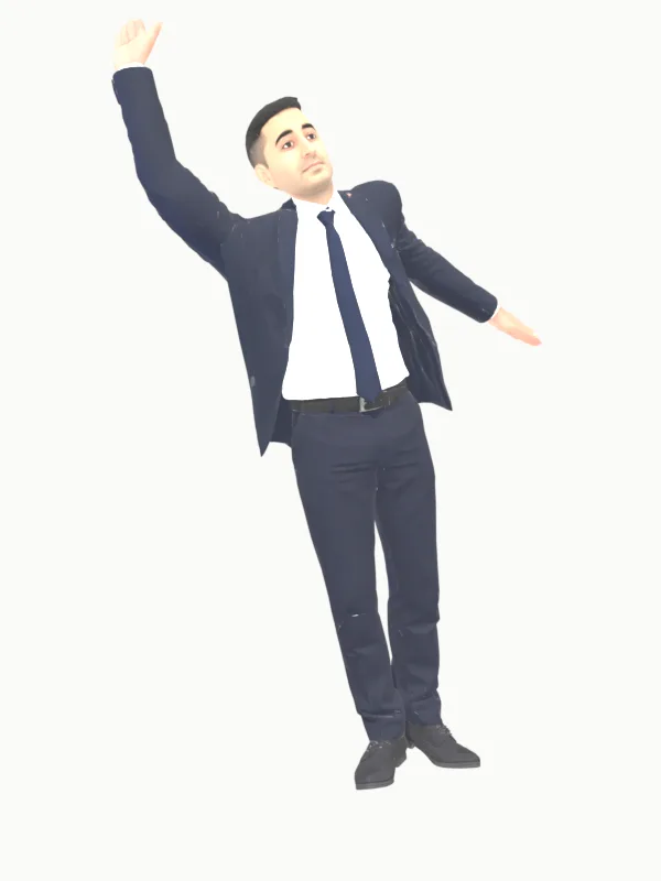 A 3D avatar waving with its right arm raised