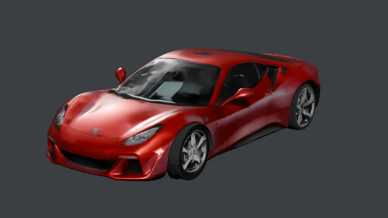 Sports coupé generated from one photograph, three-quarter view (First pipeline)