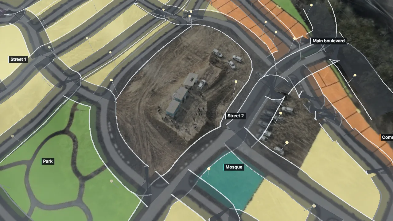 Bare graded land in 3D with a site office, an AI masterplan of plots, a park and a mosque laid on it, and streets with white kerbs