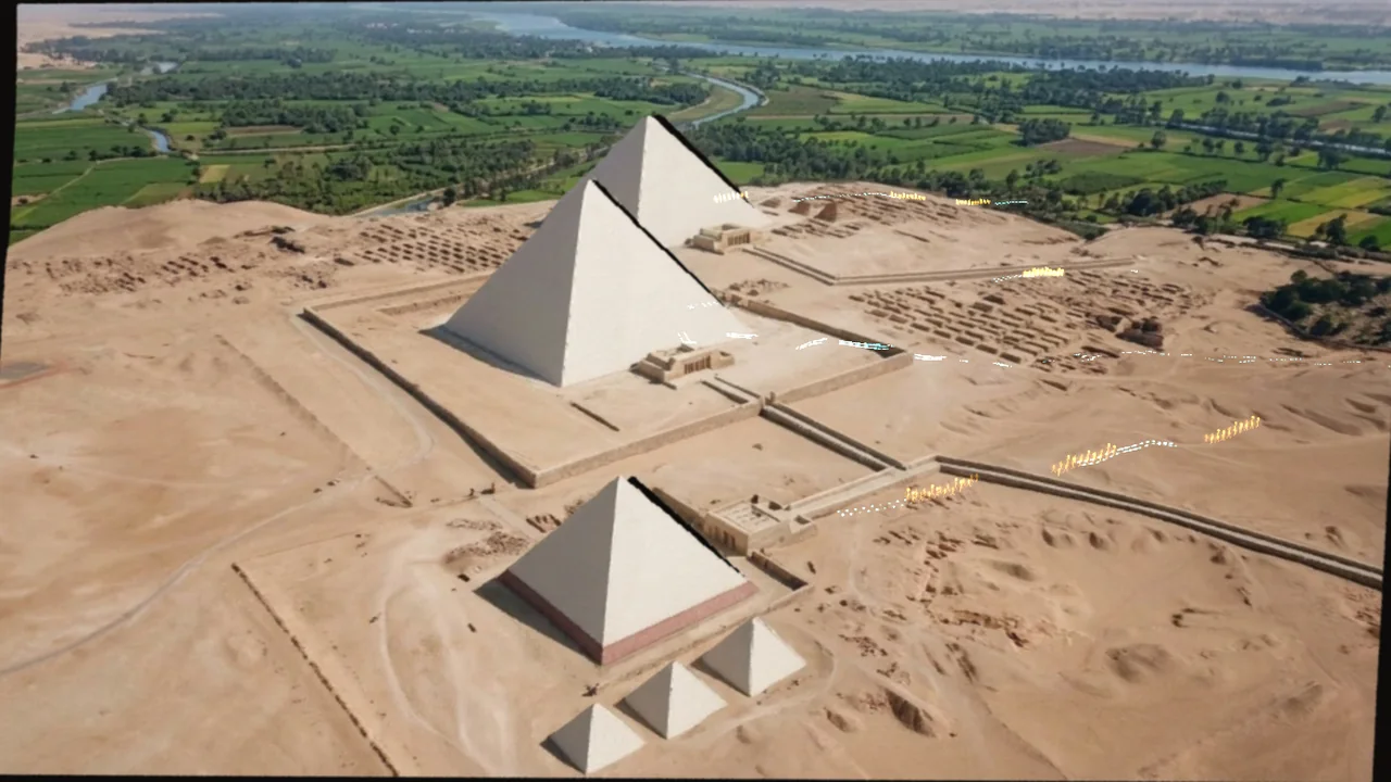 Gemini's picture of the Giza plateau in 2490 BC lifted into 3D, with glowing processions on the causeways