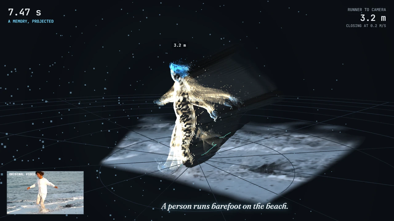 A runner rebuilt as golden-blue light on a dissolving patch of beach, with the original clip inset