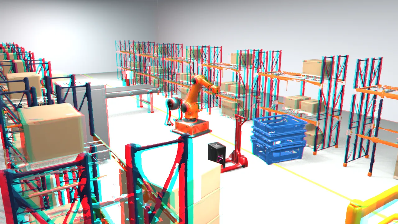 A warehouse aisle converted to red/cyan stereo 3D