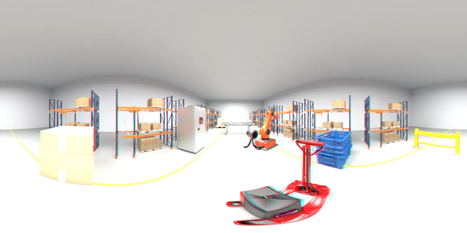 A 360 degree warehouse frame shown as red/cyan stereo