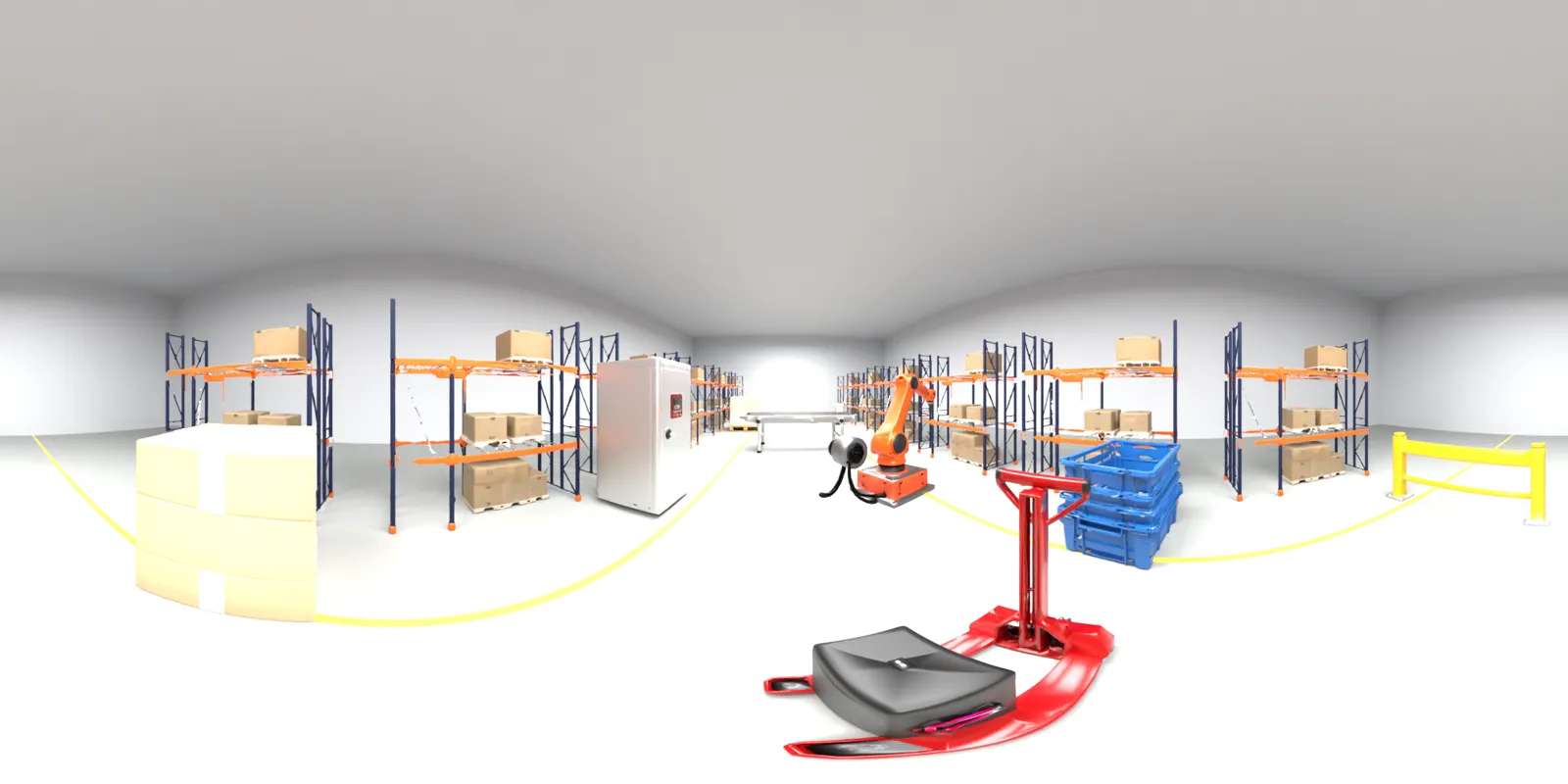 An equirectangular 360 frame of a warehouse aisle, and the distance the model estimated for every direction (Flat 360 frame)